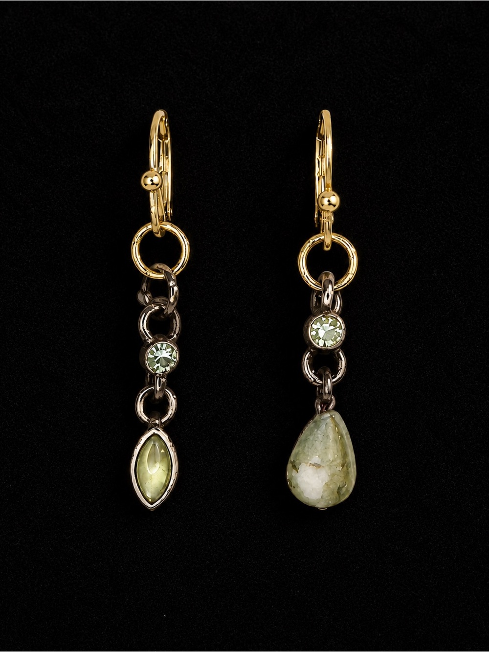 One-of-a-Kind Asymmetrical Green Drop Earrings Repurposed Vintage Jewelry